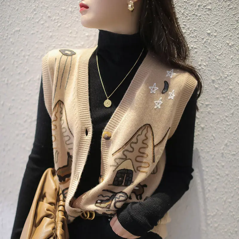 

2021 осенний и зимний свитер без рукавов с вышивкой, вязаный жилет, жилет, куртка, женский осенний кардиган, подходит ко всему