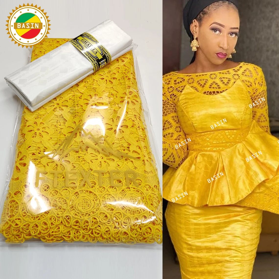 

Yellow And White Original Bazin Riche With Guipure Dry Lace For Indian Women Daily Party Dresses Swiss Voile Lace Fabric