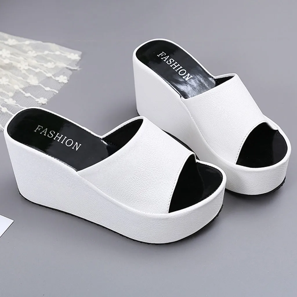 

Women Slippers Fashion Summer High Heel Solid Color Slippers Non-slip Beach Flops Slipper Platform Wedges Shoes Light Sandals