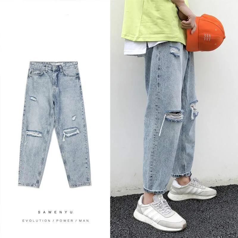 Jeans Ripped Mens Pants Straight Loose Capri-Pants Korean Blue Jeans Casual Male Hiphop Fashion Streetwear Distressed Jeans