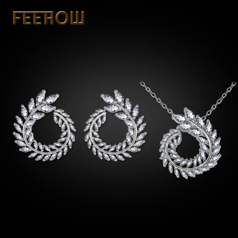 FEEHOW модный AAA циркон в форме оливкового листа кулон серьги ювелирный набор для