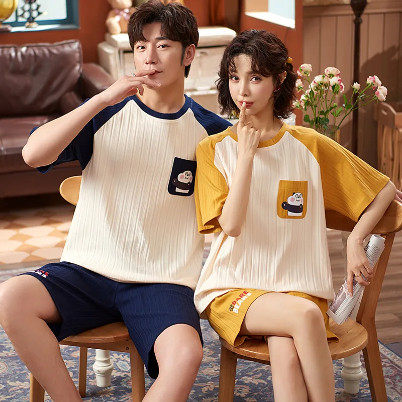 

Summer Knitted Cotton Pajamas Set Women Pyjamas Sleepwear Nightwear Pijama Mujer Homewear Size M-3XL Couple Night suits Homewear
