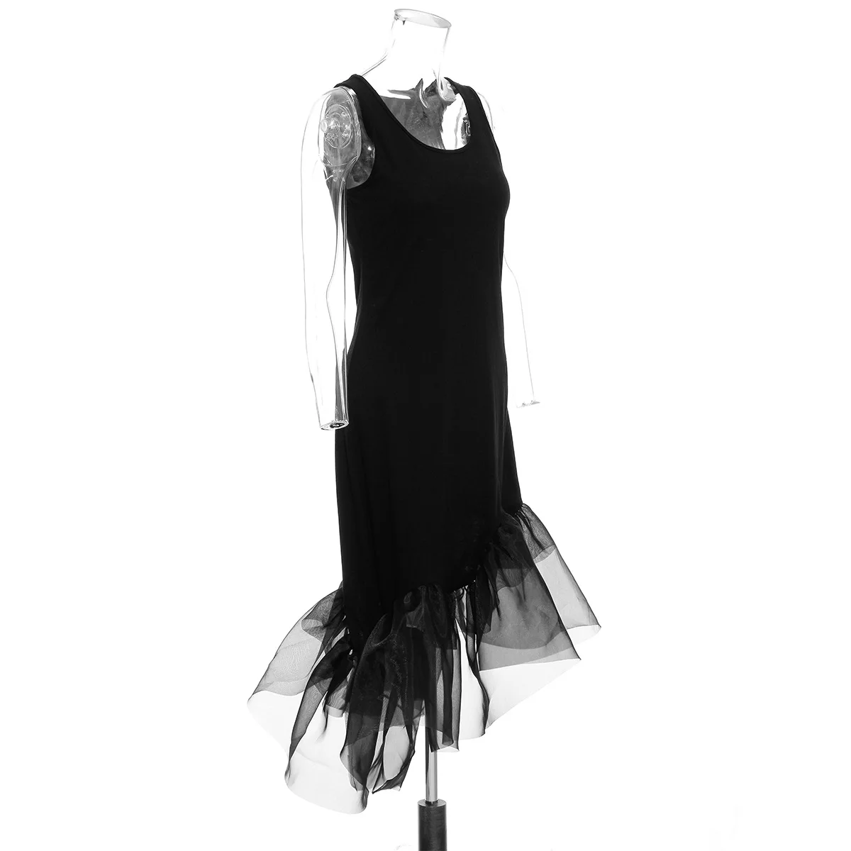 

Women's Sexy Black Dress 21 Spring and Summer Cotton Asymmetric Design Stitching Mesh Shawl Skirt Vest Skirt
