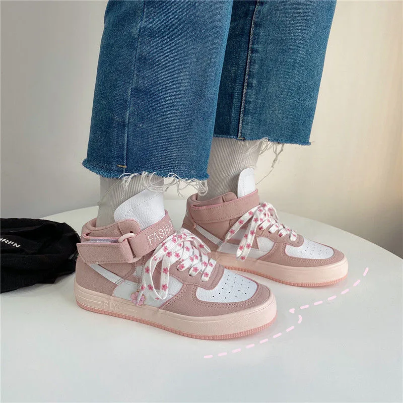 

2020 High Top Vulcanize Woman Shoes Platform Lace Up Comfortable Shoes Autumn Winter Pink Breathable Leather Women Sneakers
