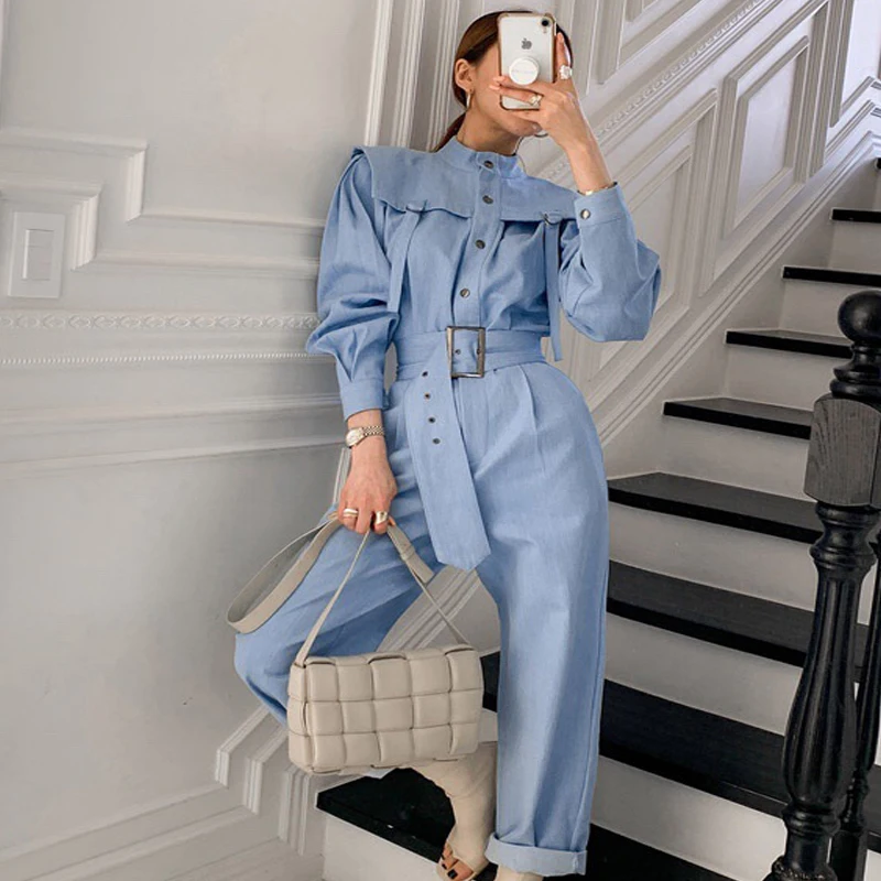 

Beachapche со стоячим воротником с длинным рукавом однотонные комбинезоны Для женщин тонкая талия пояса комбинезоны с завышенной талией в стиле...