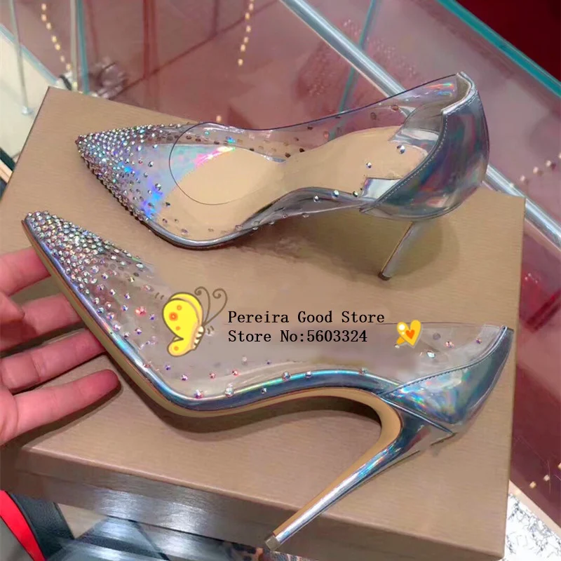 

Brand Fluorescent Silver Pointed Toe Pump Stiletto Heels Clear PVC Dress Shoes Bling Bling Crystal Iridescent Wedding Heels Shoe