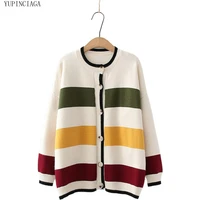 yupinciaga women cardigans japan style rainbow striped knitted cardigan single breasted o neck sweaters female sweet warm coat