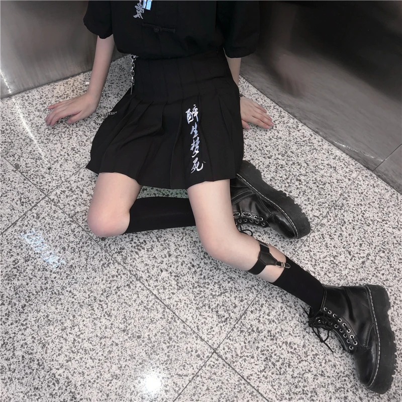 Женская готическая мини-юбка Harajuku черная уличная мода винтажная школьная юбка с