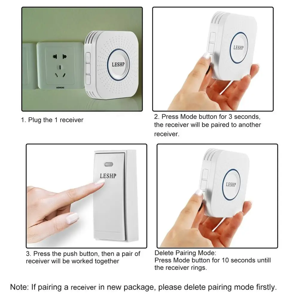 LESHP простой в установке беспроводной музыкальный дверной звонок 150 м дальний