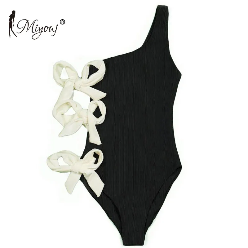Miyouj Bow Bandage Swimsuit Women Swimwear One Shoulder Bikini Solid Biquini Hollow Out One-Piece-Suits Monokini 2020 Bodysuit |