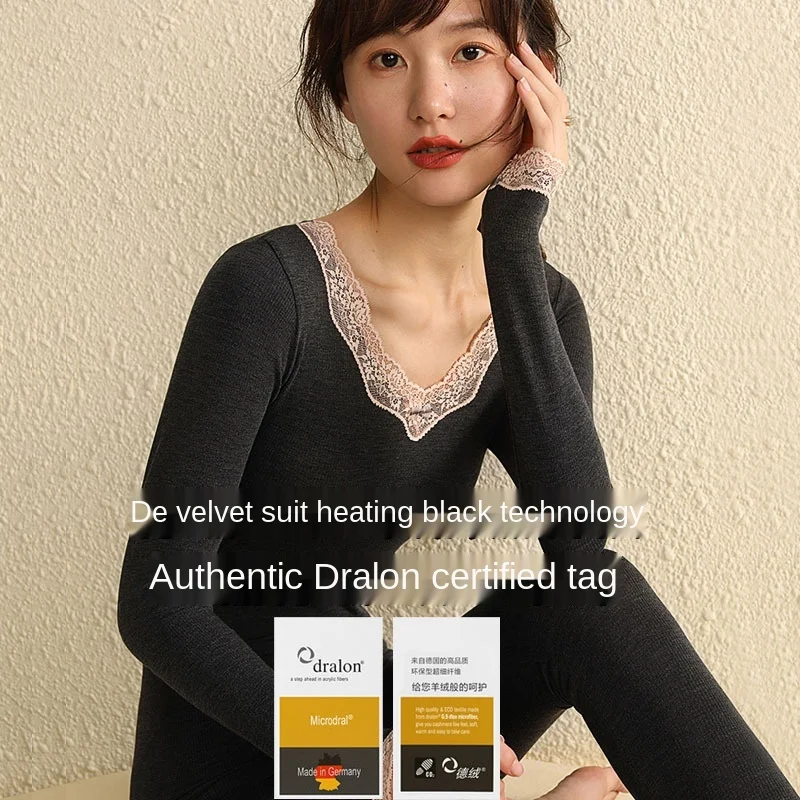 Qiu Dong Flocking Underwear, Female Constant Temperature Heating Wool V-neck Lace Long Johns Girl Suits Thermal Underwear Women