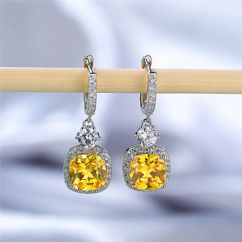 

Dainty Silver Color Dangle Earrings Cute Rainbow Square Zircon Wedding Earrings Vintage Female Crystal Strone Earrings For Women