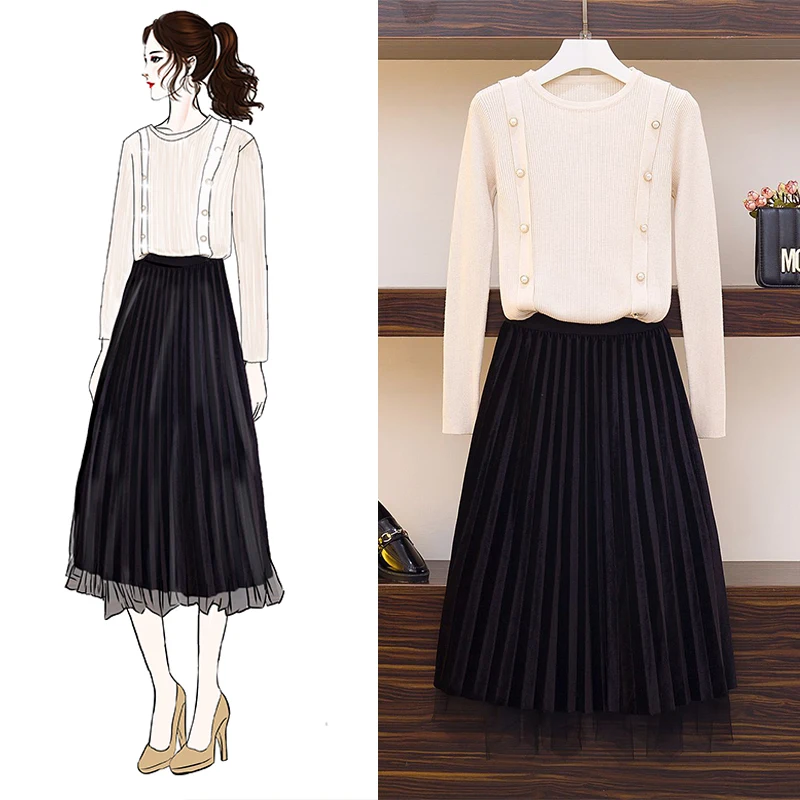 Вязаный женский осенний Модный пуловер с пуговицами свитер юбка из плюша одежда