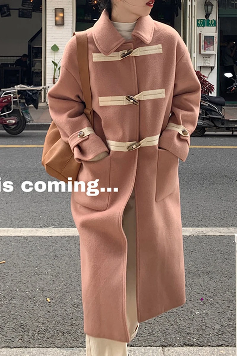 

Woolen Coat Women's Autumn Winter New Hepburn Style Loose Lapel Ox Horn Button Over The Knee Medium Long Sleeve Woolen Coat