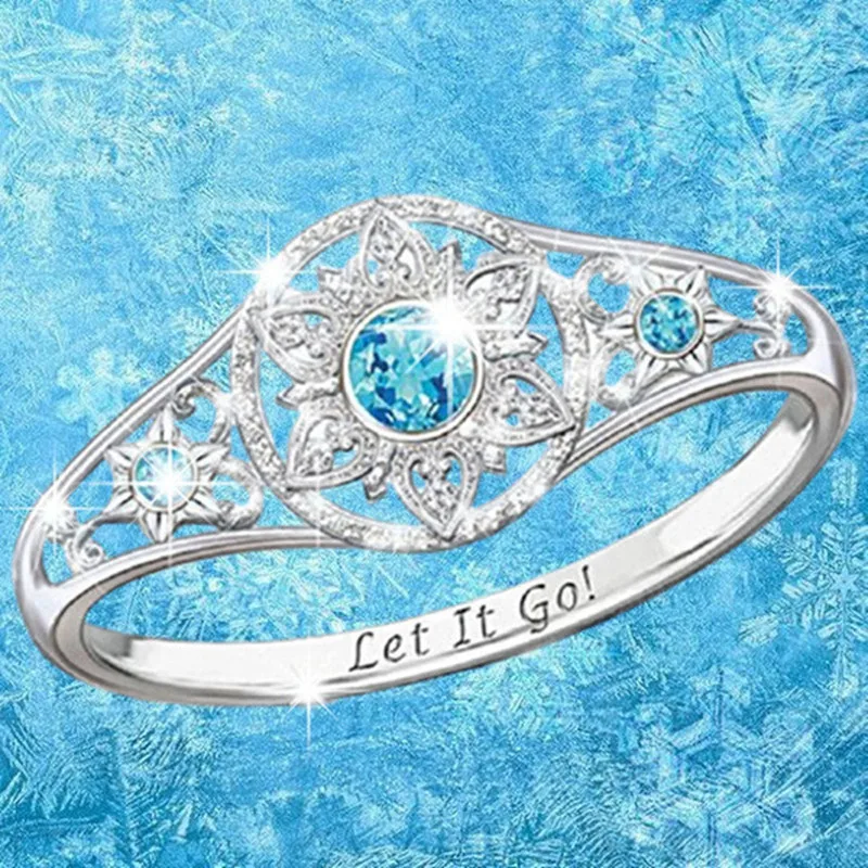 

Let It Go Lettering Personality Exquisite Women's Alloy Sunflower Ring Blue Gemstone Hollow Casual Engagement Wedding Ring Jewel