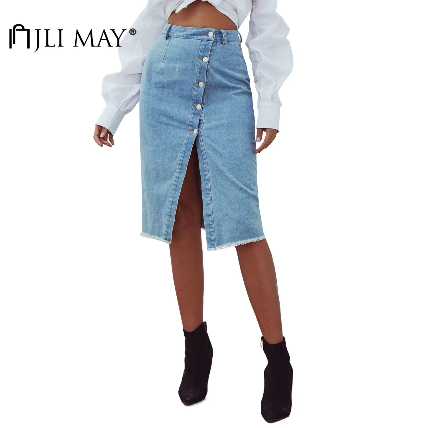 

JLI MAY Women Denim Skirt Solid Washed Empire A-Line Slim Patchwork Button Loose Summer Split Irregular Midi Skirts