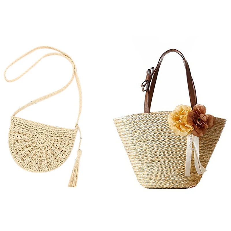 

Straw Crossbody Women Weave Shoulder Bag (Beige) With Ribbon Handle Woven Beach Straw Shoulder Handbags(Primary Color)