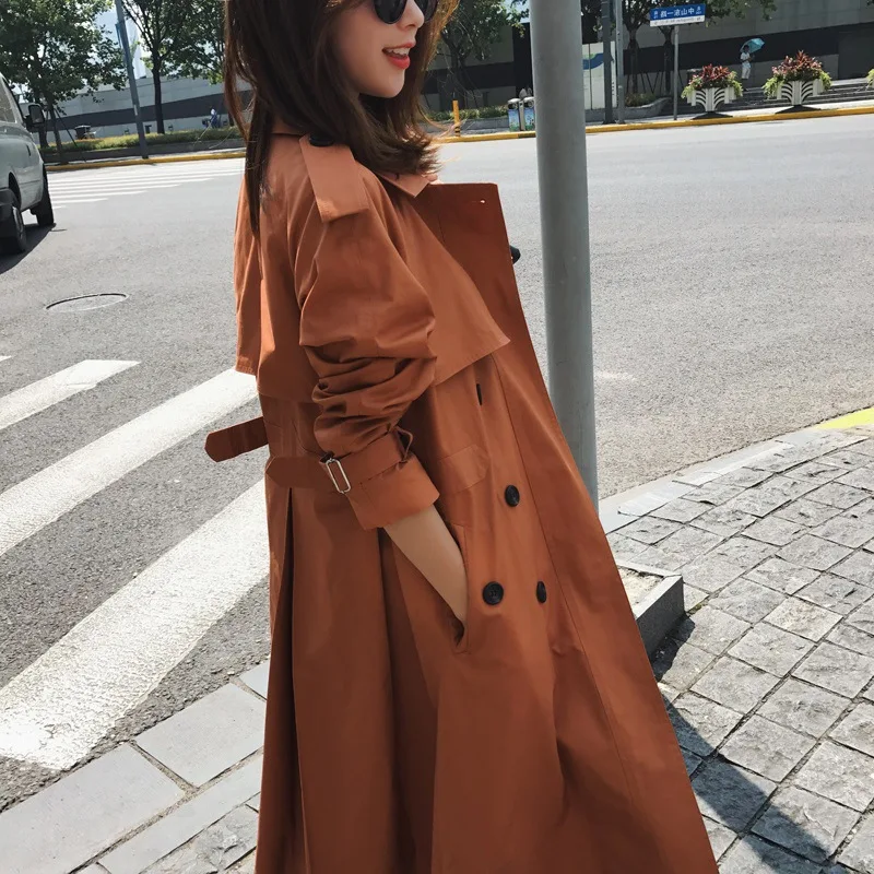 

Khaki Double-breasted Trench Coat Women Autumn British Lapel Long Windbreaker Clothes Femme Loose Cloak Dust Coat Spring Outwear