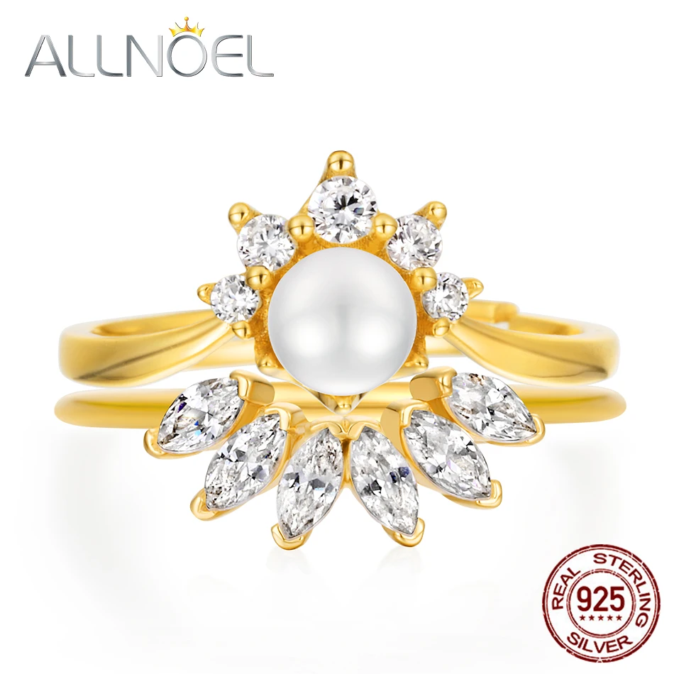 

ALLNOEL 925 пробы серебряные складные кольца жемчужные драгоценные камни 5А циркониевые алмазные позолоченные обручальные штабелируемые кольц...