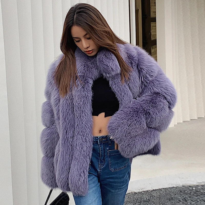 Fashion Purple Natural Fox Fur Coats Stand Collar Women Winter New High Quality Full Pelt Fox Fur Jacket Genuine Luxury Overcoat