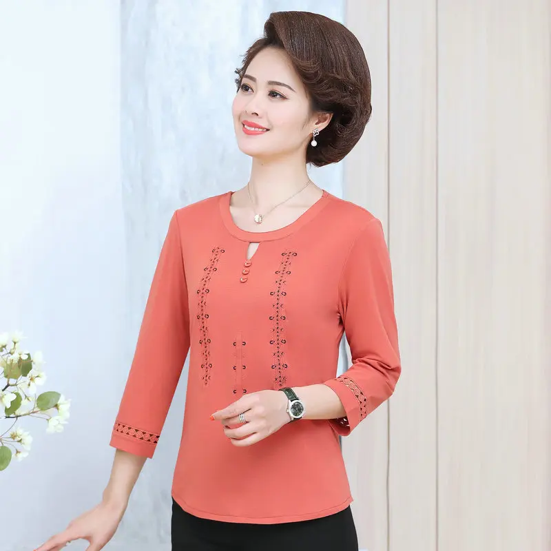 

Oriental Style Women Casual Cotton Tshirts Red Navy Blue Round Collar Three Quater Sleeve Leisure Top Woman Spring Summer tshirt