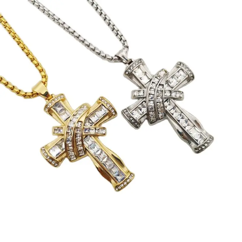 Большой Bling квадратные стразы колье с подвеской в виде креста Золотой/Серебряный