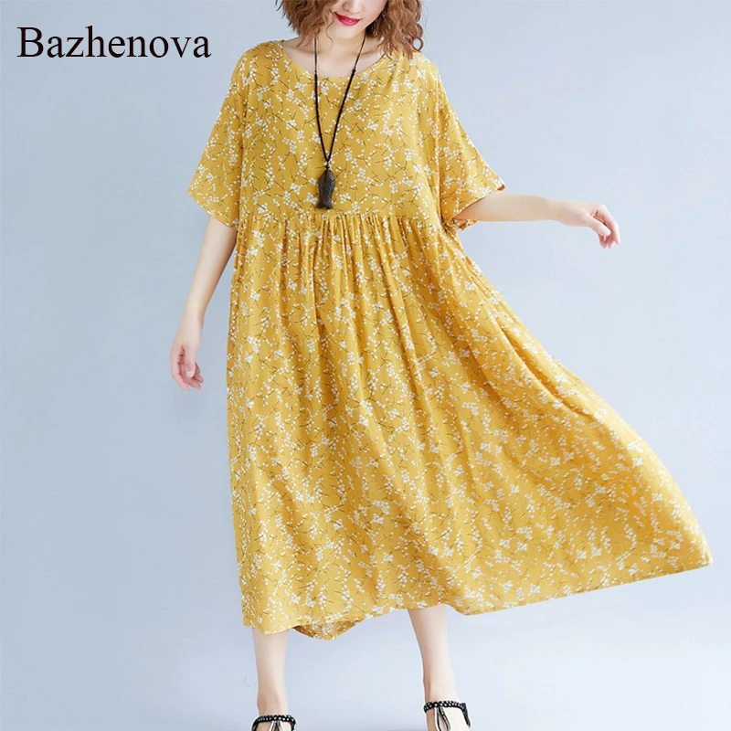 Женское платье с круглым вырезом bazhenova】 желтое свободное осеннее цветочным
