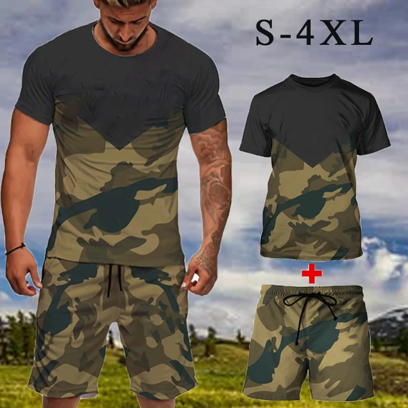 2 Piece Set Summer Men's Camouflage Short Sleeve Suit Patchwork Trend Casual Breathable Sportswear Male T-shirt+Shorts Plus Size