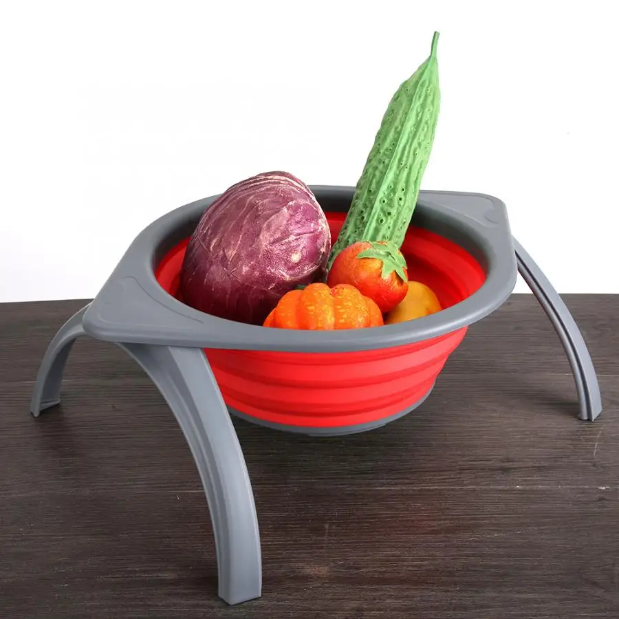 

Fruit Basket Portable Foldable Vegetable Basket Silicone Kitchen Vegetable Fruit Filter With Bracket Kitchen Colander
