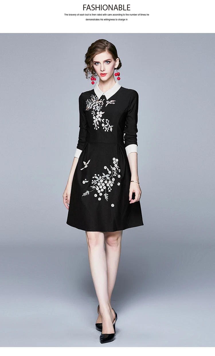 Осеннее черное платье с цветочной вышивкой Vestido Invierno Mujer женское платье миди Robe Moulante Femme ropa mujer K6564