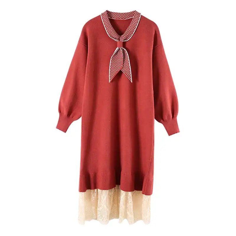 

lace patchwork knitted women dresses 2020 winter new lantern sleeved solid straight knee-length casual all match female dresses