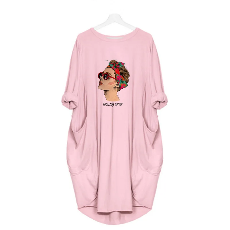 

Plus Size Women Fashion Dress Lady Print Long Sleeve Pocket o Neck Autumn Party Loose Vintage Vestidos Streetwear Robe