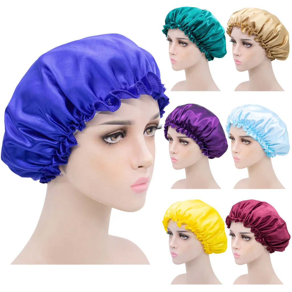 

Stain Bonnet Single Layer Satin Nightcap Beauty Hair Care Solid Color Elastic Dome Shower Cap Wholesale