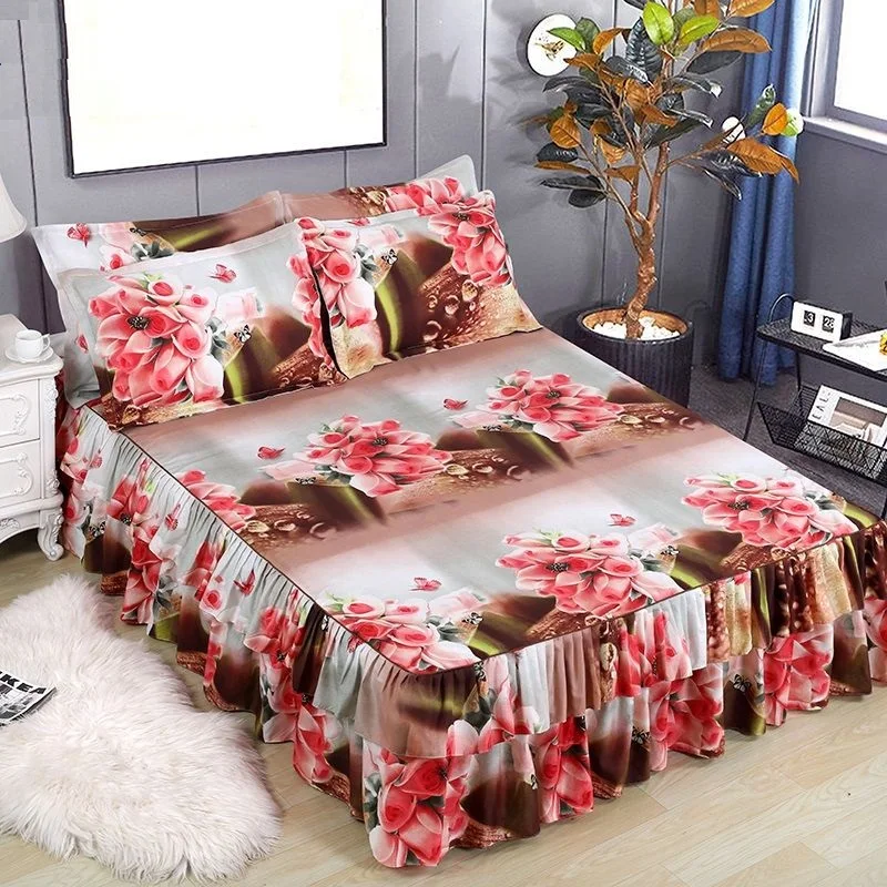 

1pc Bed Skirt + 2pcs Pillowcase Bedding Set Sanding Soft Bedspread King Queen Size Double Layer Bed Skirt