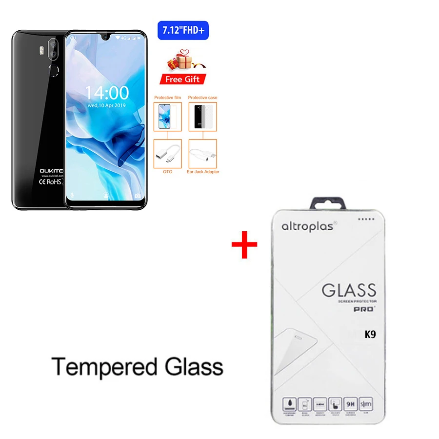 Black N Temper Glass OUKITEL K9 водослива 7,1" FHD+ 1080*2244 16MP+ 2MP/8MP смартфон 4GB 64GB Face ID 6000mAh 5 V/6A Быстрая зарядка OTG Мобильный телефон - Цвет: Black N Temper Glass