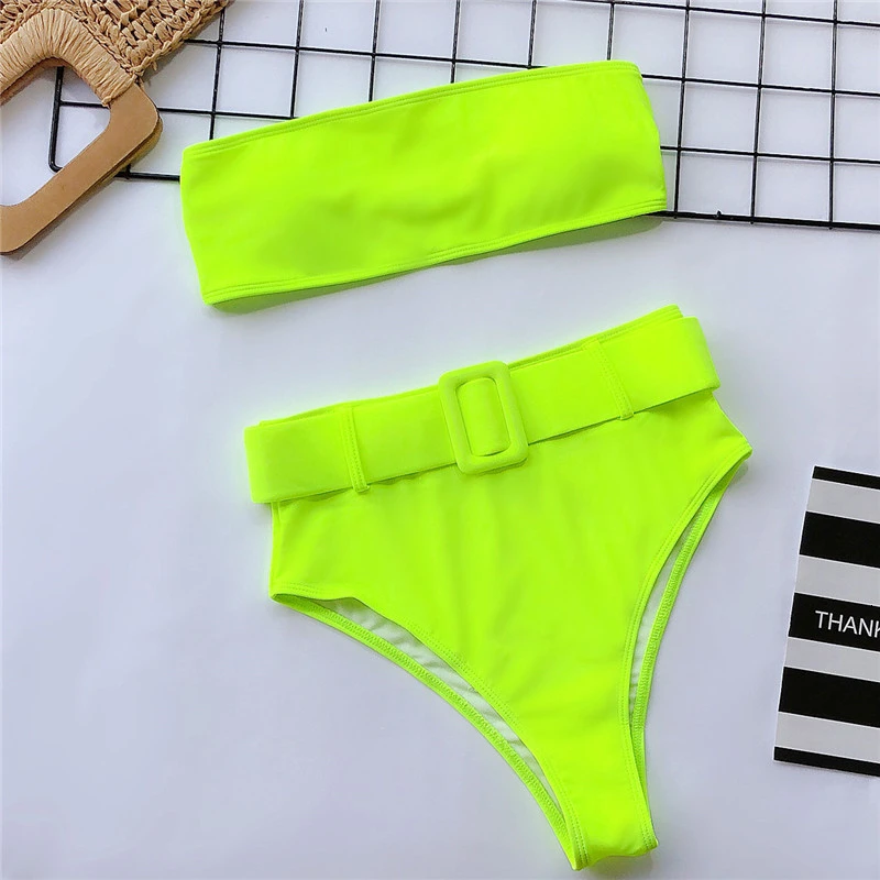 WB09 Fluorescent gn Пояс купальник женский Бандо купальник с высокой талией бразильское неоновое бикини женский комплект из двух предметов купальный костюм летние купальники бикини - Цвет: WB09 Fluorescent gn
