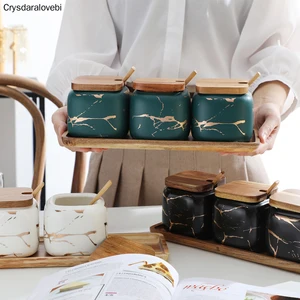 Набор керамических емкостей для приправ с мраморным узором, деревянная крышка, емкость для хранения сахарной соли, солонка, емкость для специй, кухонные аксессуары