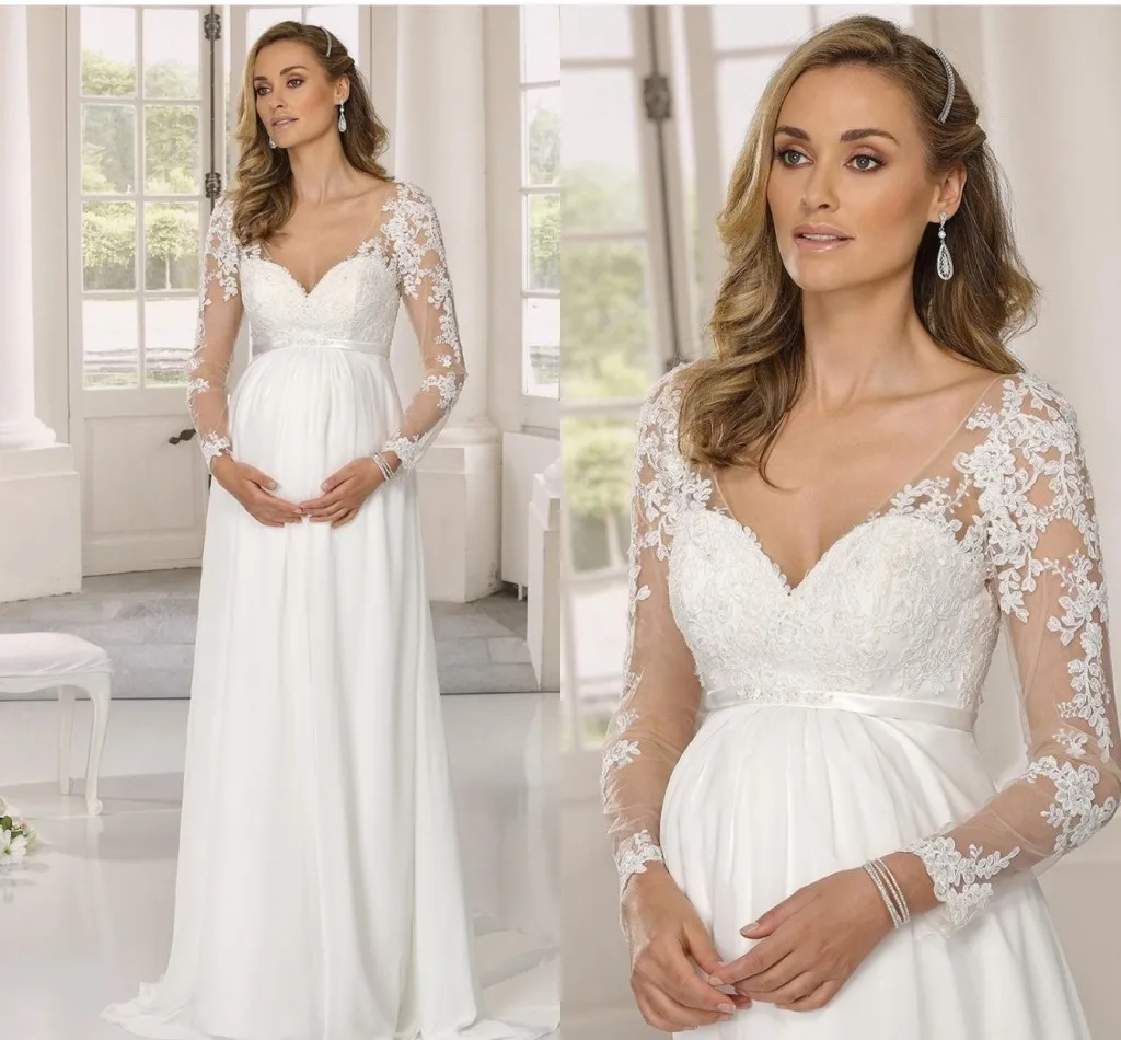 

2021 Pregnant Wedding Party Dress Chiffon V-Neck Bridal Gowns With Long Sleeve Floor Length Lace Appliques Robe De Mairee