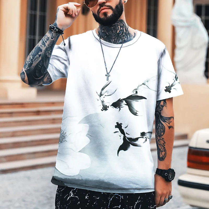 

KYCK Men's Shirt, Chinese Style, Abstract, Landscape Painting, 3D Printing Printing, O-neck T-shirt, Brand Clothing, Oversize