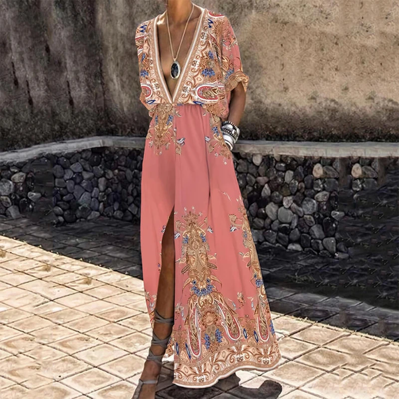 

Vintage Pattern Printed Boho Long Dress Women Sexy Deep V Neck Split Maxi Dress Summer Short Sleeve Pocket Beach Dresses Vestido