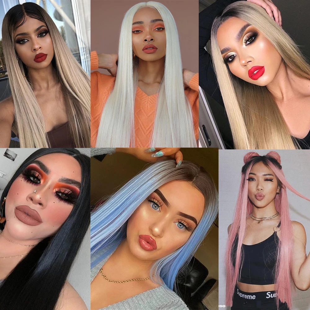 

AZQUEEN 30inch Long Straight Black Purple Wig Synthetic Hair Wig Red Pink Ombre Partial Lace Hair Wigs for Women Middle Part Wig