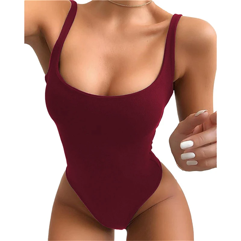 Wine Red Strappy Bodysuit Sexy Backless Ribbed Bodysuit Romper String Femme Sexy Sleeveless Tank Top Bodysuit Body Female