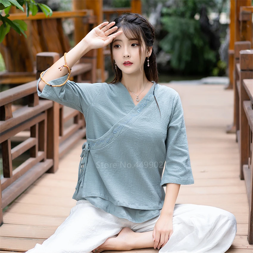 Летняя традиционная одежда в китайском стиле костюм Тан женский топ для йоги