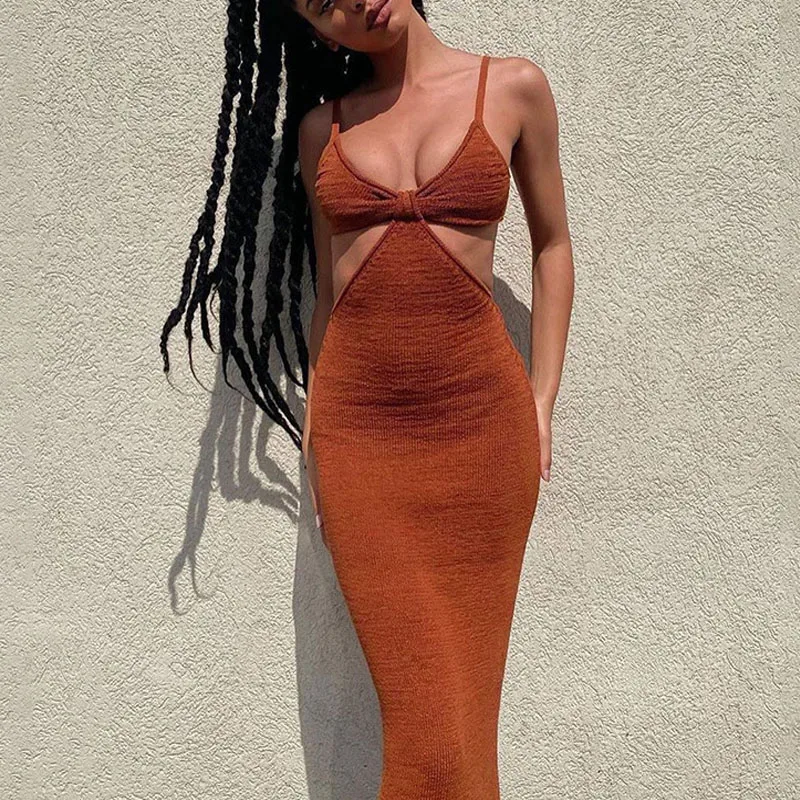

Vacation Knitted Maxi Dresses Women Summer Beach Elegant Sexy Party Cut Out Halter Backless Bodycon Long Dress VestidosDe Fiesta