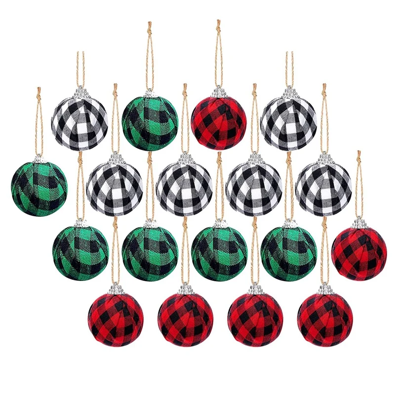 

18Pcs Plaid Christmas Ornaments Ball Buffalo Plaid Fabric Ball Ornament with Rope for Christmas Tree Party Decorations