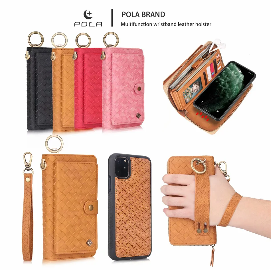

Unique Weave Pattern Leather Wallet Case For iPhone 6 6s 7 8 Plus 11 12 Pro Max 12 Mini X XS Max XR Hand Rope With Buckle Cover