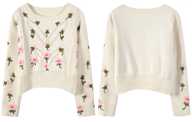 Женский укороченный свитер с цветочной вышивкой вязанный крючком пуловер