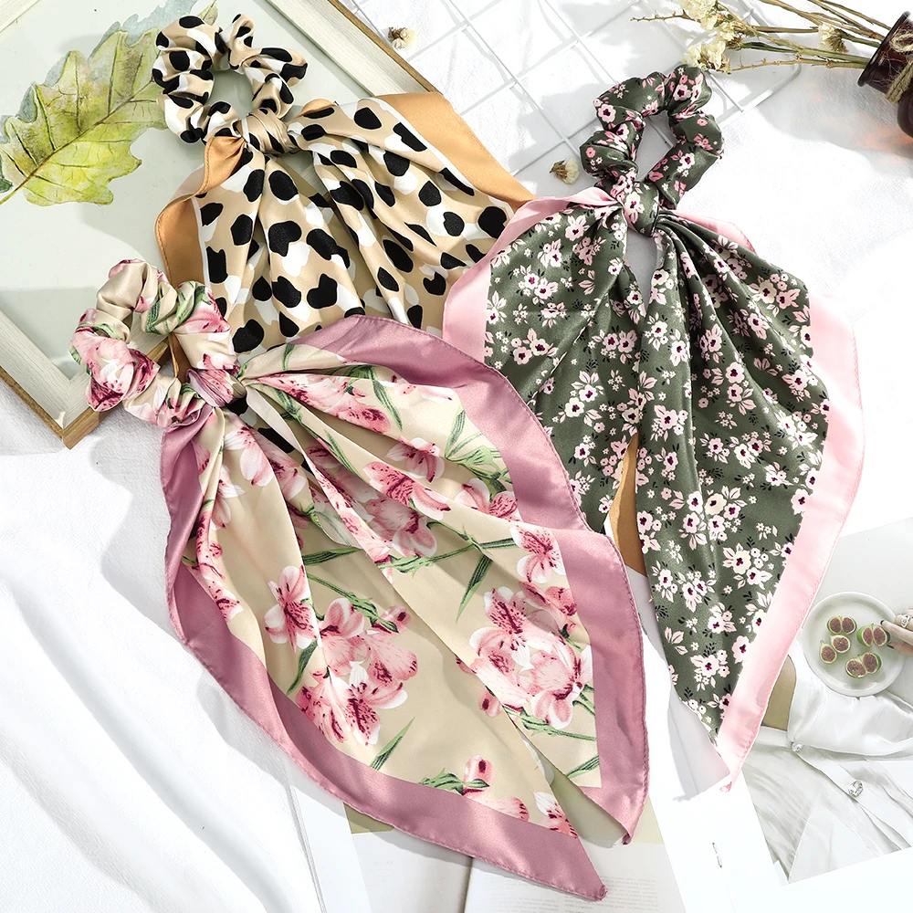 

Floral Print Scrunchies for Women Elastic Hair Bands Streamers Bow Hair Scarf Hair Rope Ties Fashion Hair Accessories New 2021