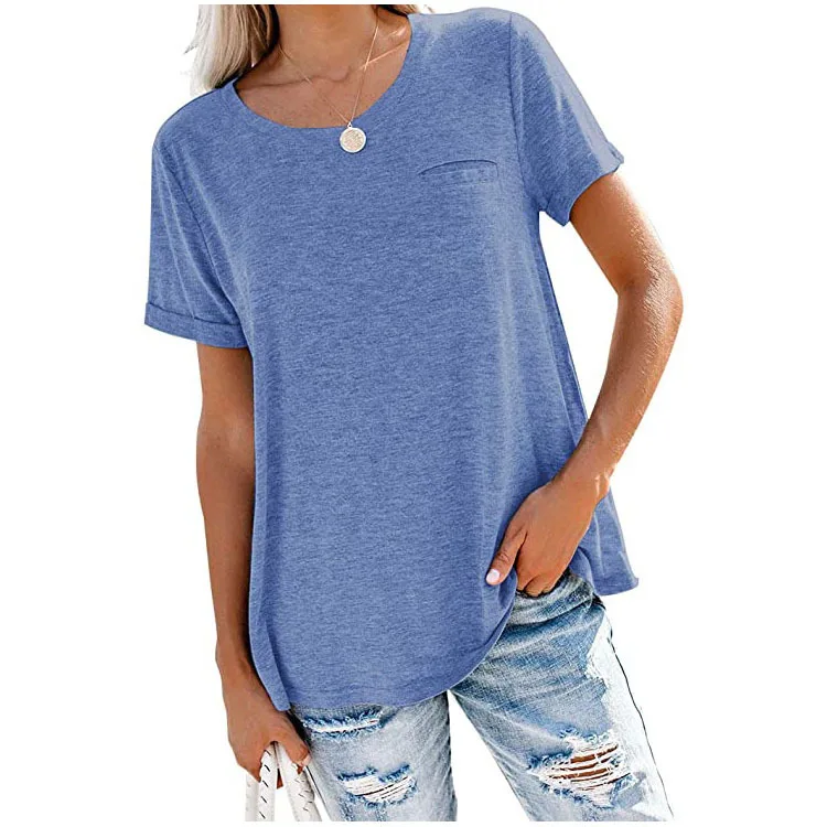 

2021 Europe and America Spring and Summer New Women's Wear Solid Round Neck Pocket Loose Short Sleeve T-shirt for Women