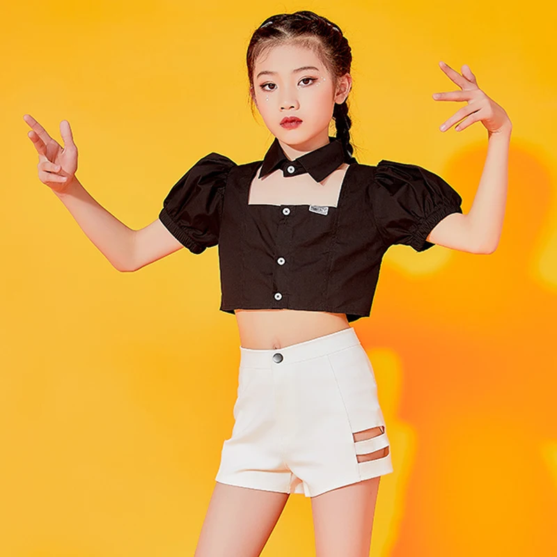

Hip Hop Street Dance Clothes Short Sleeve Black Tops White Shorts Girls Jazz Performance Costumes Child Rave Clothes WD0056
